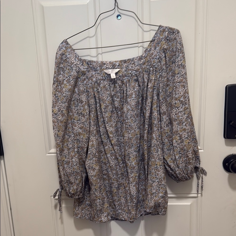 LC Lauren Conrad Gray and White Smocked Blouse with Tie Front